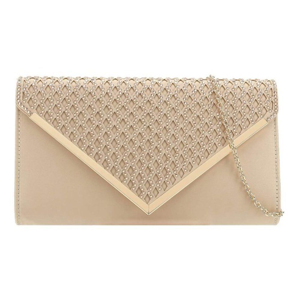 Satin Clutch Shimmering Rhinestone, beige